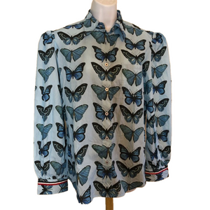 Tizzie butterfly print puff shoulder long sleeve button down/up shirt top M